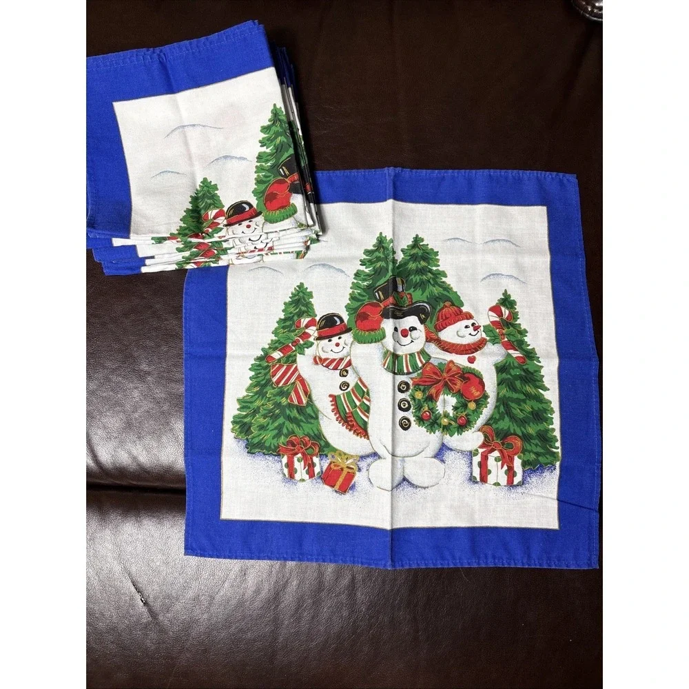 Set Of 12 Christmas Holiday Napkin Dinner Linens Snowman Candy Cane Design